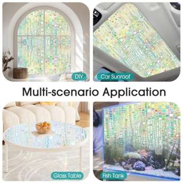Windimiley Window Privacy Film 3D Rainbow Static Clings Bathroom Stained Glass Decorative Window Sticker Prism Holographic Window Decals Sun Blocking Non-Adhesive Door Covering,17.5x78.7In, Pure