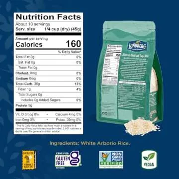 Lundberg White Arborio Rice - Short-Grain White Rice, Creamy Texture for Making Risotto, Rice Pudding, Healthy Food Recipes, Vegan Food, GlutenFree Rice Grown in California, Chip Clip Included, 32 oz