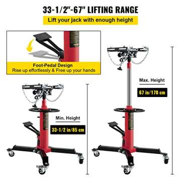 VEVOR Transmission Jack,3/5 Ton/1322 lbs Capacity Hydraulic Telescopic Transmission Jack, 2-Stage Transmission Jack Stand with Foot Pedal, 360° Swivel Wheel, Garage/Shop Lift Hoist, Red