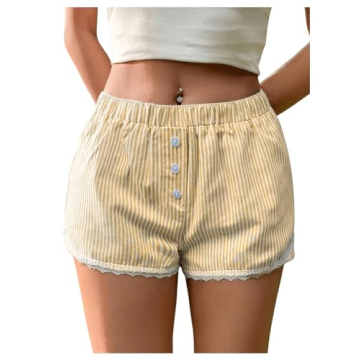 Milumia Women's Stylish Striped Button Front Shorts with Lace Trim and Elastic Waist