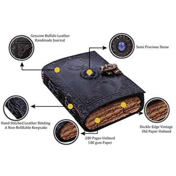 Vintage Leather Journal Semi Precious Witch Stone Triple Moon Design-Lock Closure, 200 Antique Deckle Edge Blank Paper-Book of Shadows, Grimoire Journal, Witch Journal for Men and Women (7x5 Inch, Black)