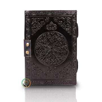 Vintage Leather Journal Semi Precious Witch Stone Triple Moon Design-Lock Closure, 200 Antique Deckle Edge Blank Paper-Book of Shadows, Grimoire Journal, Witch Journal for Men and Women (7x5 Inch, Black)