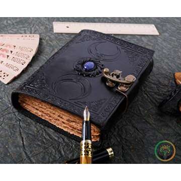 Vintage Leather Journal Semi Precious Witch Stone Triple Moon Design-Lock Closure, 200 Antique Deckle Edge Blank Paper-Book of Shadows, Grimoire Journal, Witch Journal for Men and Women (7x5 Inch, Black)