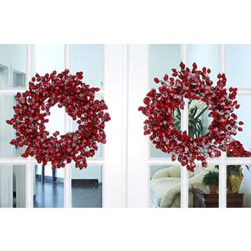 Larksilk 22" Red Frosted Berry Wreath - 22-Inch Iced Hawthorn Twig Berries Holiday Decorative Winter Large Christmas Berry Wreaths for Front Door, Fireplace, Mantel, Xmas Décor - Xmas Berry Wreath