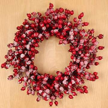 Larksilk 22" Red Frosted Berry Wreath - 22-Inch Iced Hawthorn Twig Berries Holiday Decorative Winter Large Christmas Berry Wreaths for Front Door, Fireplace, Mantel, Xmas Décor - Xmas Berry Wreath