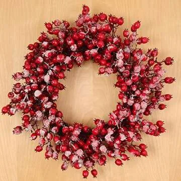 Larksilk 22" Red Frosted Berry Wreath - 22-Inch Iced Hawthorn Twig Berries Holiday Decorative Winter Large Christmas Berry Wreaths for Front Door, Fireplace, Mantel, Xmas Décor - Xmas Berry Wreath