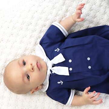 Petit Ami Baby Boys' Sailor Romper with Embroidered Anchors