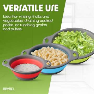 Gevoli Collapsible Colanders with Self-Draining Base for Edge of Sink, Food Strainers (Small/Med/Large), Nested Design for Easy Storage (Red, Blue, Green) (4PC Set)