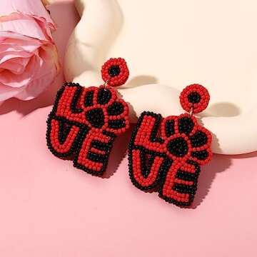 Game Day Earrings Statement Love Paw Beaded Drop Dangle Earrings Handmade Tiger Paw Sports Earrings Football Earrings for Women Fans Holiday Birthday Party Favor Gift