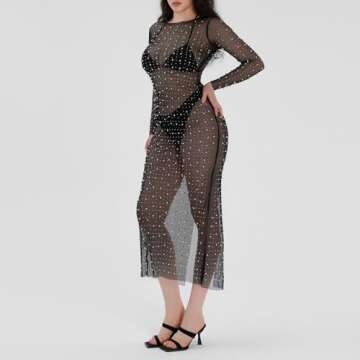 Women's Sexy Sheer Mesh Pearl Rhinestone Cover Up Maxi Dress Summer Beach Swimwear Bikini Bathing Su...