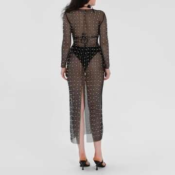 Women's Sexy Sheer Mesh Pearl Rhinestone Cover Up Maxi Dress Summer Beach Swimwear Bikini Bathing Suit Coverups(A Black,Small)