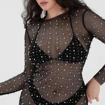 Women's Sexy Sheer Mesh Pearl Rhinestone Cover Up Maxi Dress Summer Beach Swimwear Bikini Bathing Suit Coverups(A Black,Small)