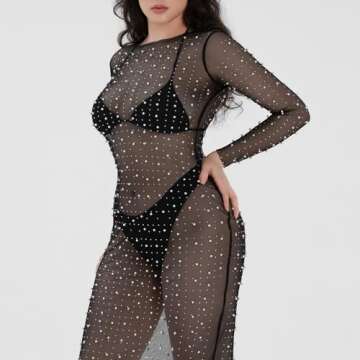 Women's Sexy Sheer Mesh Pearl Rhinestone Cover Up Maxi Dress Summer Beach Swimwear Bikini Bathing Suit Coverups(A Black,Small)