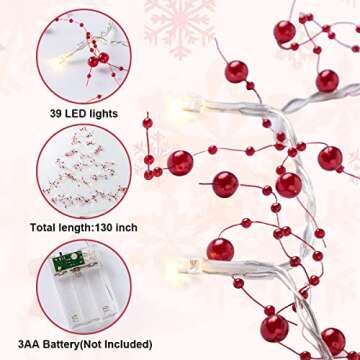 JOYIN 10.8ft Christmas Berry Garland String Light Beaded with 39 LED Lights for Festive Decor