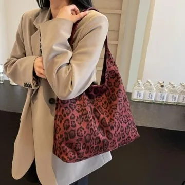 Luxury Brown Suede Hobo Bag Vintage Leopard Red Tote