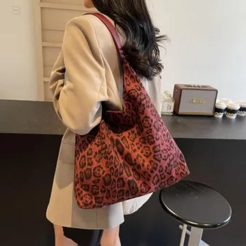 Luxury Brown Suede Hobo Bag Vintage Leopard Red Tote