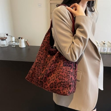 Luxury Brown Suede Hobo Bag Vintage Leopard Red Tote