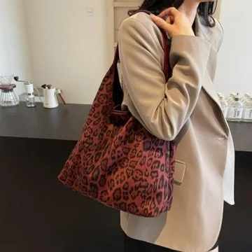 Luxury Brown Suede Hobo Bag Vintage Leopard Red Tote