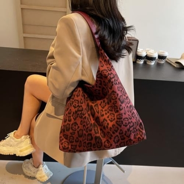 Luxury Brown Suede Hobo Bag Vintage Leopard Red Tote