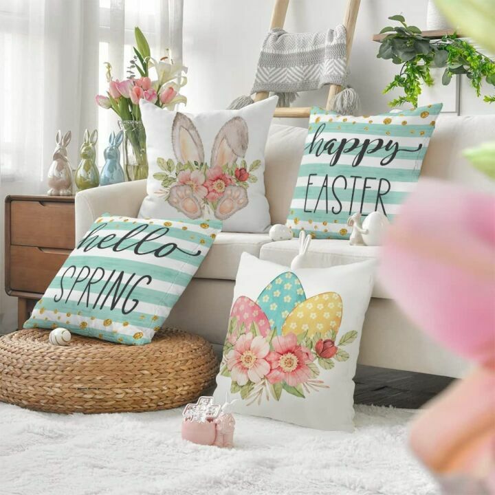 GEEORY Easter Pillow Covers Set 4 - Bunny Eggs Design