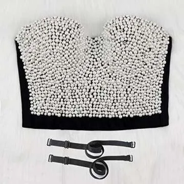 ELLACCI Sexy Pearls Beaded Rhinestone Bustier Crop Top Push up Corset Top with Detachable Straps Black Medium