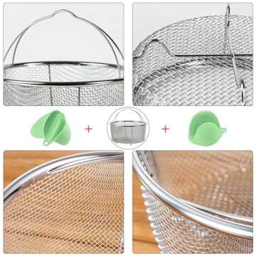 GREATLINK Mesh Steamer Basket, Stainless Steel Mesh Net Strainer Basket and Insert, Pressure Cookers and Pots,for Washing, Fry, Steam or Cook Fruits,Vegetables and Pastas (Free 2 Pcs silicone gloves)