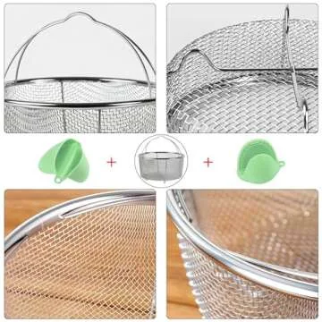 GREATLINK Mesh Steamer Basket, Stainless Steel Mesh Net Strainer Basket and Insert, Pressure Cookers and Pots,for Washing, Fry, Steam or Cook Fruits,Vegetables and Pastas (Free 2 Pcs silicone gloves)