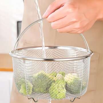 GREATLINK Mesh Steamer Basket, Stainless Steel Mesh Net Strainer Basket and Insert, Pressure Cookers and Pots,for Washing, Fry, Steam or Cook Fruits,Vegetables and Pastas (Free 2 Pcs silicone gloves)