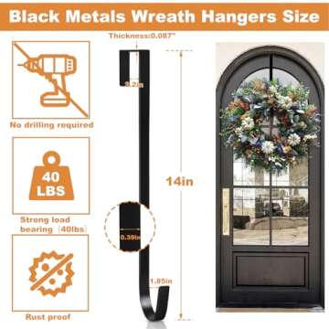 PECULA 2 Pack 14” Wreath Hangers for Front Door, Wreath Door Hanger 40lb Load-Bearing, Metal Wreat...