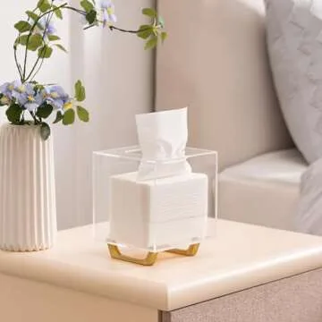 HBlife Clear Tissue Box Cover Square Acrylic Tissue Box Holder with Gold Plated Legs Napkin Dispenser Dryer Sheet Container for Bathroom