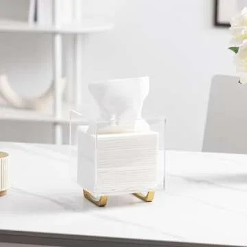 HBlife Clear Tissue Box Cover Square Acrylic Tissue Box Holder with Gold Plated Legs Napkin Dispenser Dryer Sheet Container for Bathroom