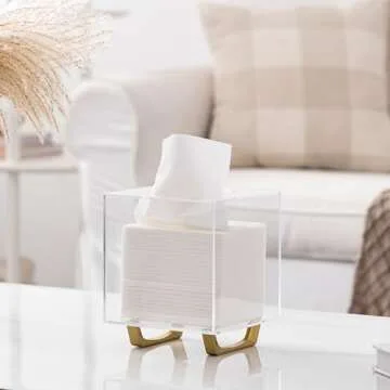 HBlife Clear Tissue Box Cover Square Acrylic Tissue Box Holder with Gold Plated Legs Napkin Dispenser Dryer Sheet Container for Bathroom
