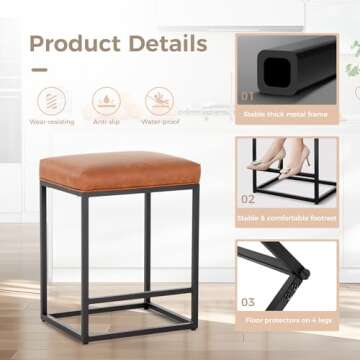 MAISON ARTS Counter Height 24 Inch Bar Stools Set of 4 for Kitchen Counter Backless Modern Barstools Industrial Upholstered Faux Leather Stools Farmhouse Island Chairs, Brown