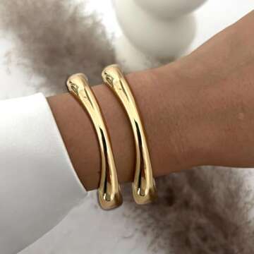 zocare Gold Bangles Bracelets for Women Chunky Gold Cuff Bracelet Set 2PCS Trendy Bracelet for Women Irregular Cuff Hinged Wide 14K Gold Plated Bracelet