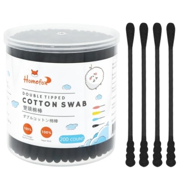 HOMEFOX Black Cotton Swabs - 200 Count Organic Cotton Buds with Charcoal Activated Carbon for Gothic...