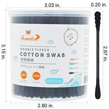 HOMEFOX Black Cotton Swabs - 200 Count Organic Cotton Buds