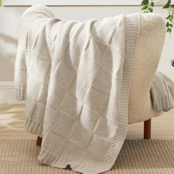 Bedsure Knitted Throw Blanket for Couch - Checkered Blanket for Summer, Soft Cozy and Lightweight Chunky Knit Blanket, Beige Throw Blanket for Living Room, 50x60 Inches