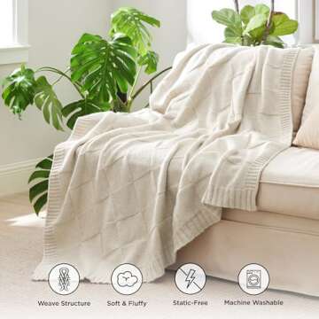 Bedsure Knitted Throw Blanket for Couch - Checkered Blanket for Summer, Soft Cozy and Lightweight Chunky Knit Blanket, Beige Throw Blanket for Living Room, 50x60 Inches