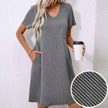 levaca Summer V Neck Ribbed Tshirt Dress for Women 2024 Loose Casual Dresses with Pocket Black S