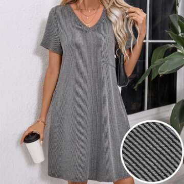 levaca Summer V Neck Ribbed Tshirt Dress for Women 2024 Loose Casual Dresses with Pocket Black S