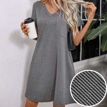 levaca Summer V Neck Ribbed Tshirt Dress for Women 2024 Loose Casual Dresses with Pocket Black S