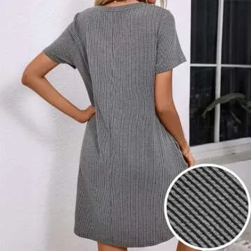 levaca Summer V Neck Ribbed Tshirt Dress for Women 2024 Loose Casual Dresses with Pocket Black S