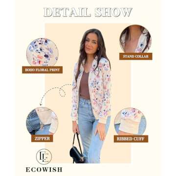 ECOWISH Women's Casual Floral Zip Up Bomber Jacket Coat Stand Collar Lightweight Short Outwear Tops Windbreaker with Pockets 3303 Red Medium