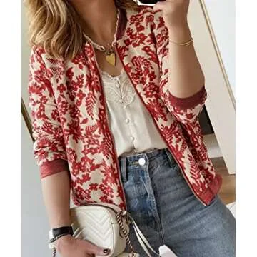 ECOWISH Women's Casual Floral Zip Up Bomber Jacket Coat Stand Collar Lightweight Short Outwear Tops Windbreaker with Pockets 3303 Red Medium