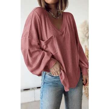 BTFBM Women's Casual V Neck Ribbed Knit Shirts 2025 Fall Pullover Tunic Tops Loose Balloon Long Slee...