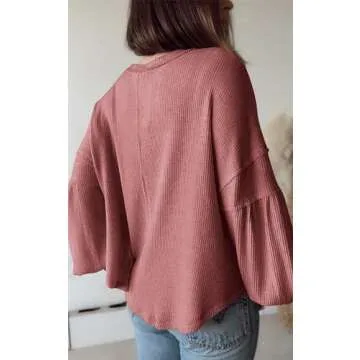 BTFBM Women's Casual V Neck Ribbed Knit Shirts 2025 Fall Pullover Tunic Tops Loose Balloon Long Sleeve Blouses Top(Solid Pink, Large)