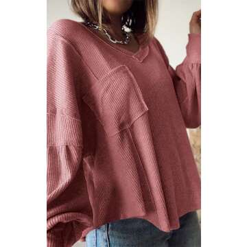 BTFBM Women's Casual V Neck Ribbed Knit Shirts 2025 Fall Pullover Tunic Tops Loose Balloon Long Sleeve Blouses Top(Solid Pink, Large)