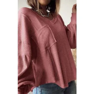 BTFBM Women's Casual V Neck Ribbed Knit Shirts 2025 Fall Pullover Tunic Tops Loose Balloon Long Sleeve Blouses Top(Solid Pink, Large)
