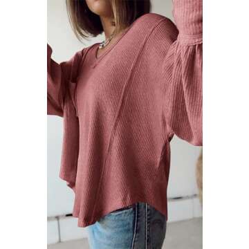 BTFBM Women's Casual V Neck Ribbed Knit Shirts 2025 Fall Pullover Tunic Tops Loose Balloon Long Sleeve Blouses Top(Solid Pink, Large)