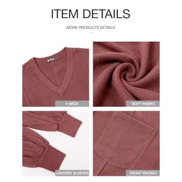 BTFBM Women's Casual V Neck Ribbed Knit Shirts 2025 Fall Pullover Tunic Tops Loose Balloon Long Sleeve Blouses Top(Solid Pink, Large)